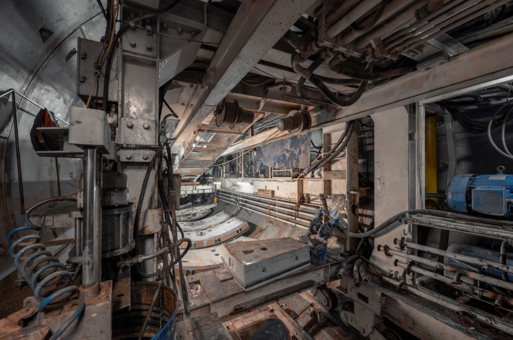 Inside the tunnel boring machine on the construction of the subway